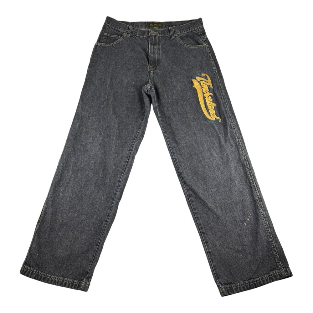 Mens Vtg Y2K Timberland Wide Leg Jeans Black Light Wash Size 35 X 34 Embroidered